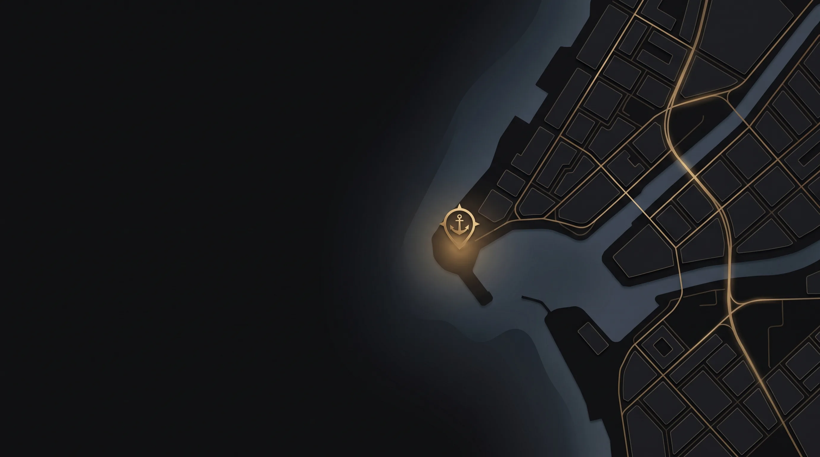 Stylized dark map of the marina district, a brass marker glowing at the Mareva waterfront