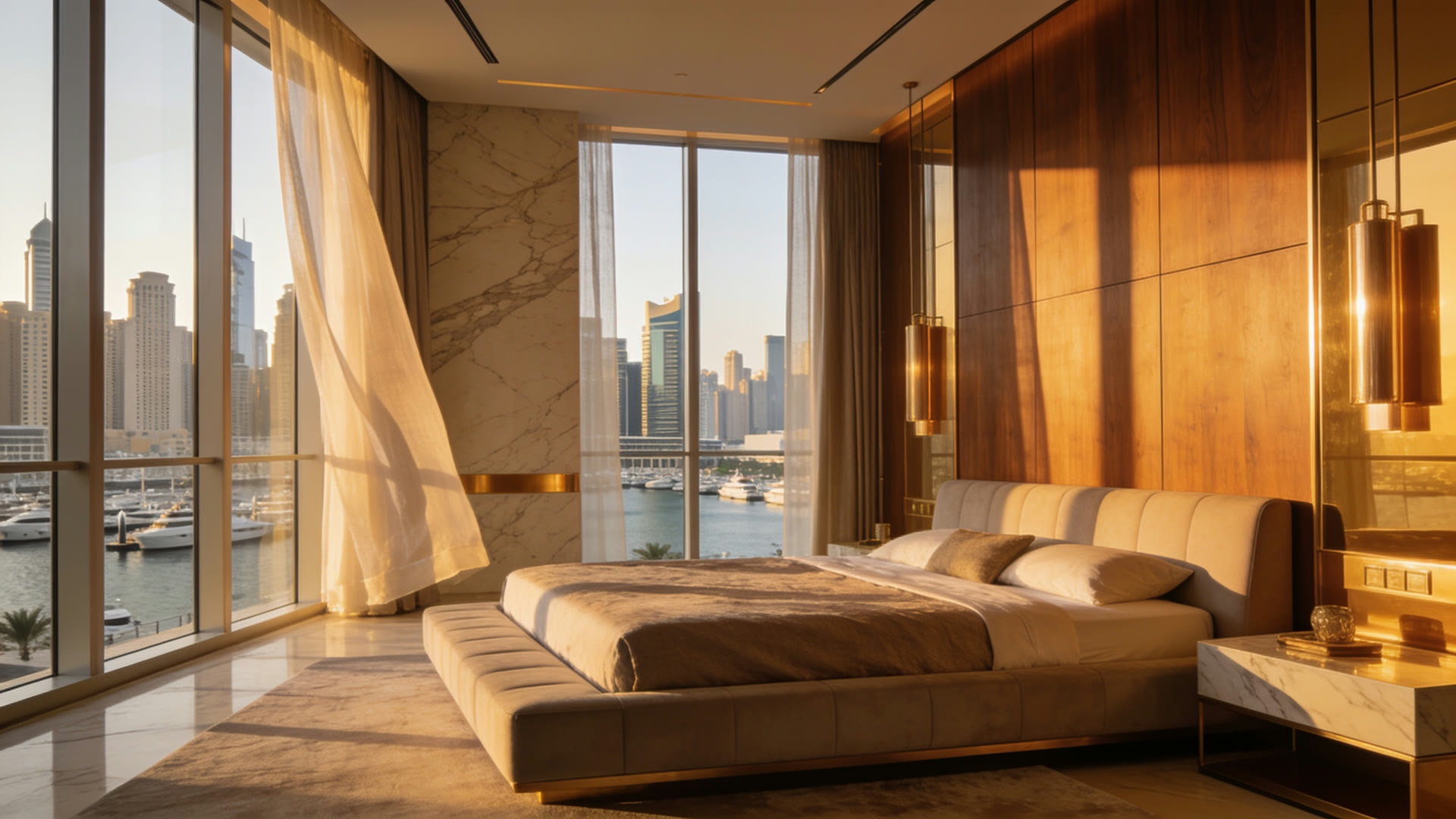 Penthouse primary suite with a low wide bed facing the marina glazing