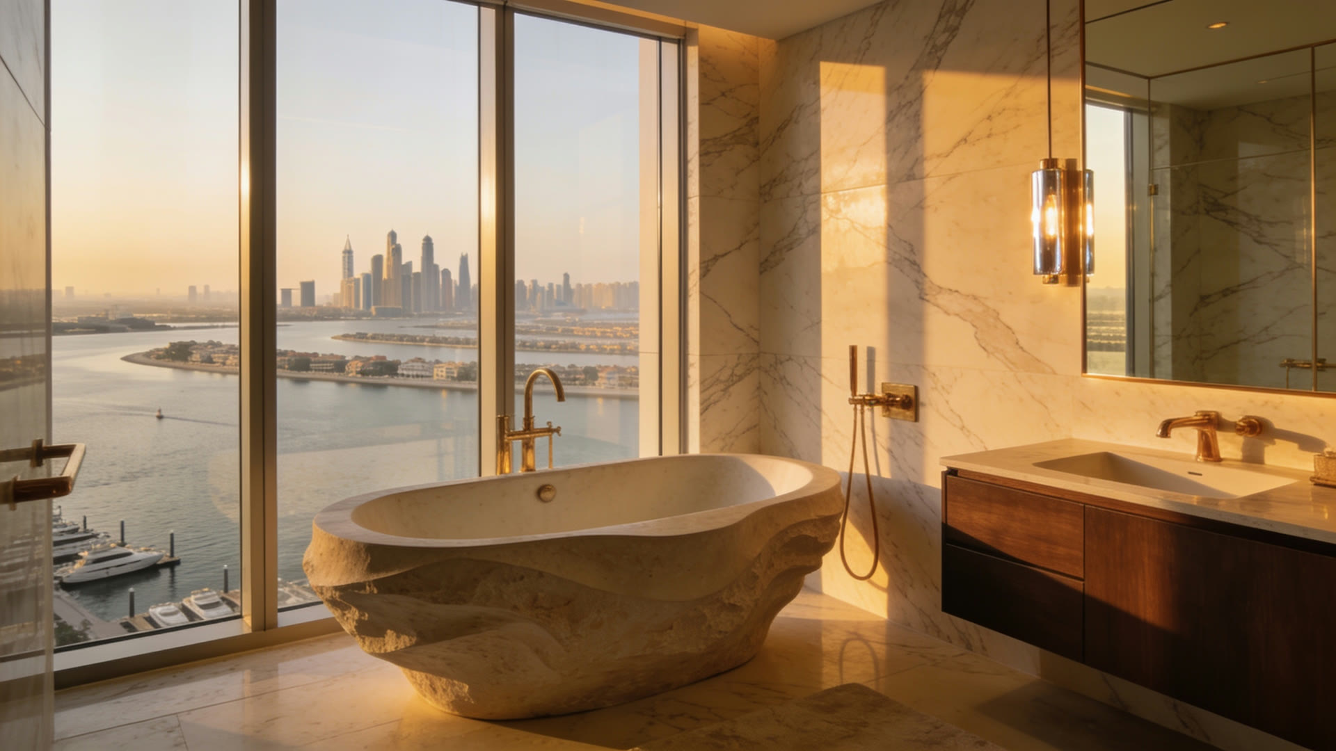 Freestanding stone bathtub against floor-to-ceiling marina glazing