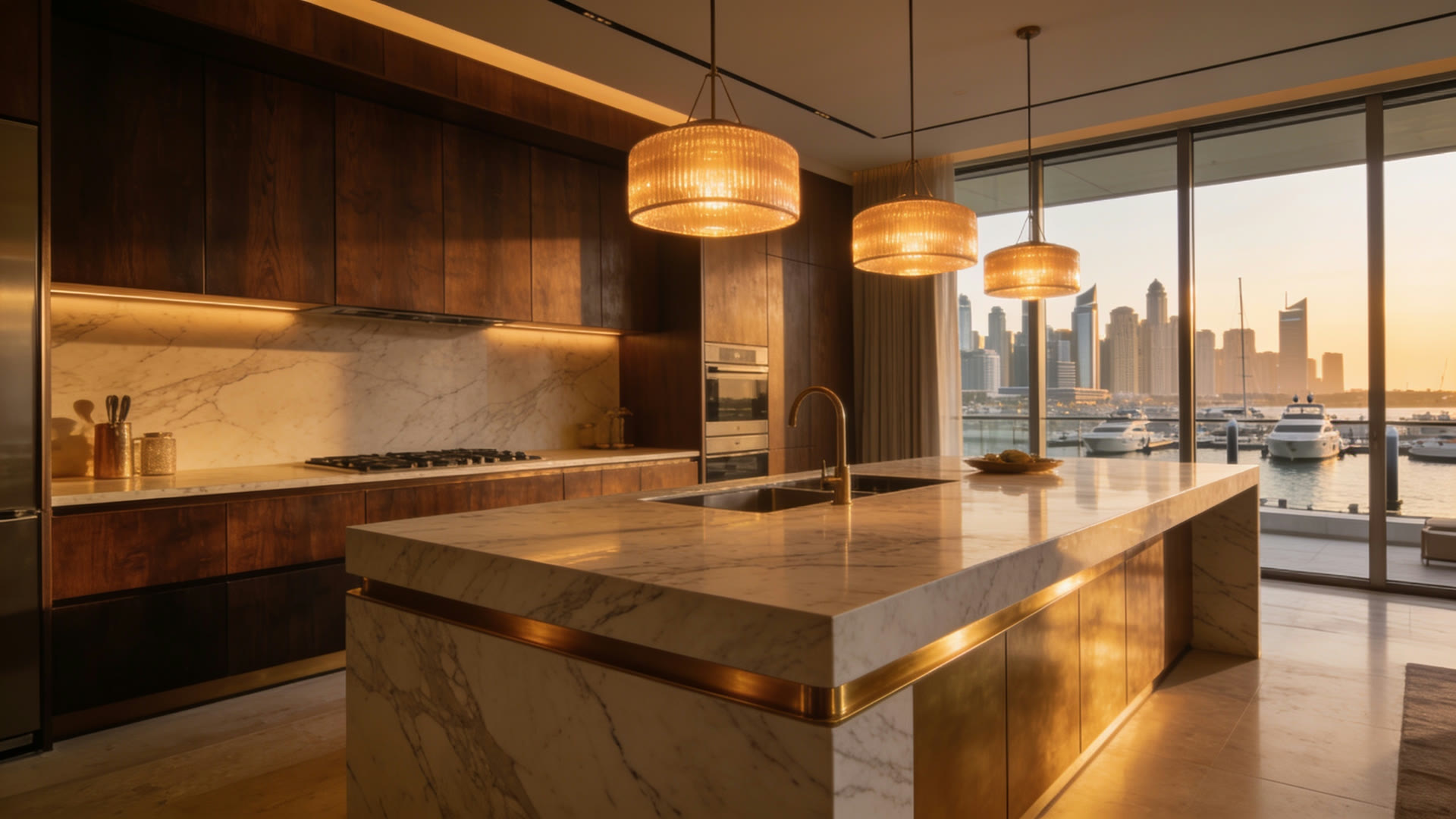 Monolithic Calacatta marble island with smoked-oak cabinetry